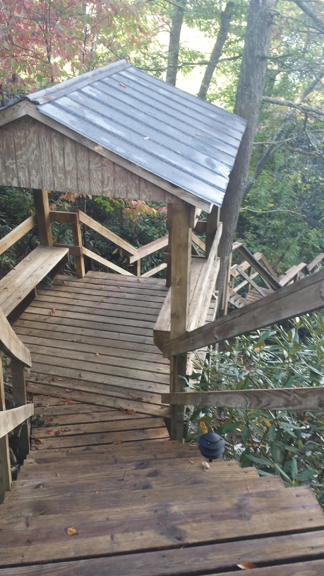 Metal roofed shelter over wooden steps on a wooded walkway — Skylight Repair & Installation work by our crew in Weatherford